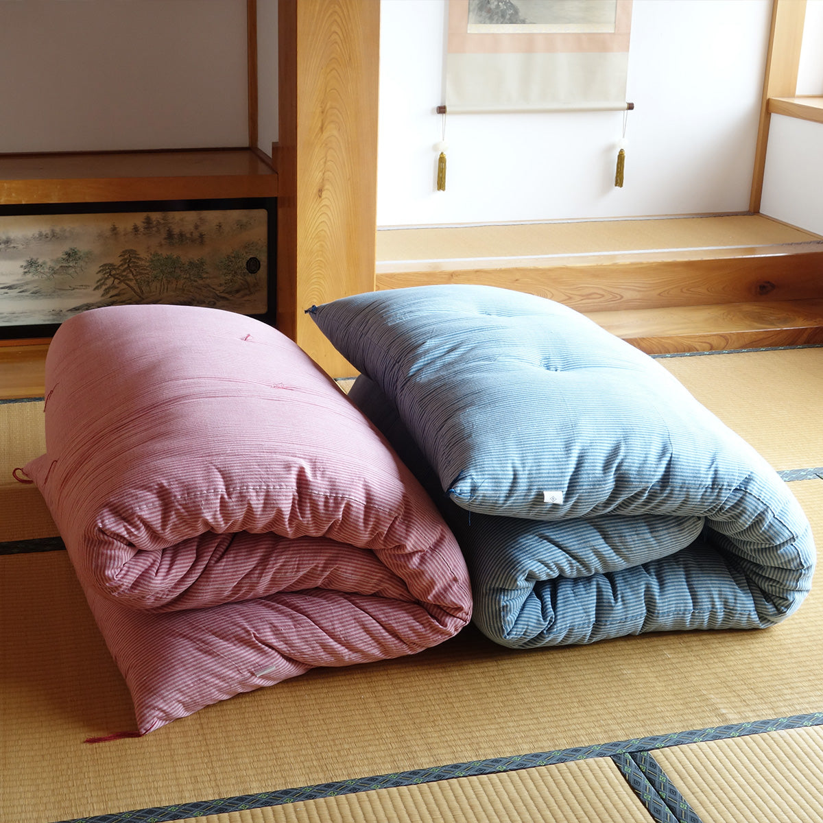 Japanese Futon Mattress, Artisan Handmade (Fabric: Herbal Dyed Cotton Filling: Organic Cotton 100%) Indigo Stripe