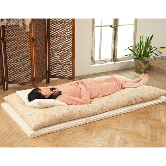 Japanese Futon Mattress, Artisan Handmade (Fabric: Japandi Kikumon Chrysanthemum Ivory)