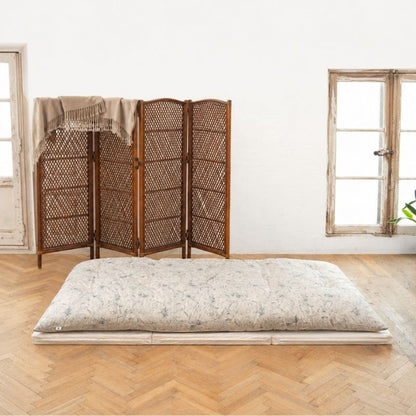 Japanese Futon Mattress, Artisan Handmade (Fabric: Japandi Kikumon Chrysanthemum Gray)