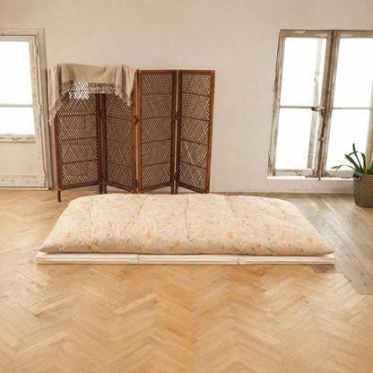Japanese Futon Mattress, Artisan Handmade (Fabric: Japandi Kikumon Chrysanthemum Ivory)