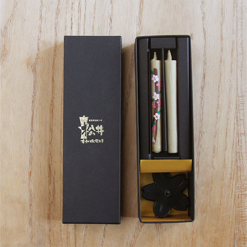 Velas e suporte Warousoku pintados à mão (Sakura)