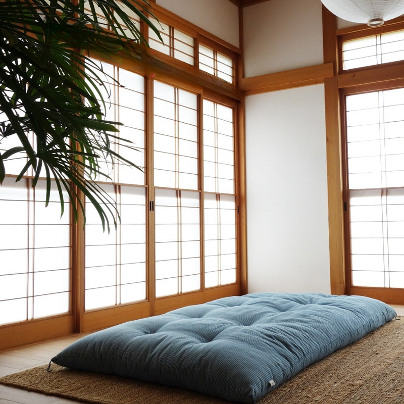 Japanese Futon Mattress, Artisan Handmade (Fabric: Herbal Dyed Cotton Filling: Organic Cotton 100%) Indigo Stripe