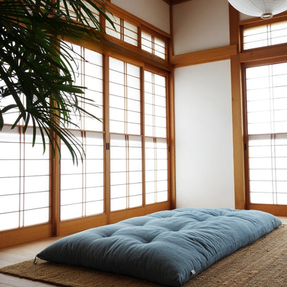 Japanese Futon Mattress, Artisan Handmade (Fabric: Herbal Dyed Cotton Filling: Organic Cotton 100%) Indigo Stripe