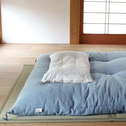 Japanese Futon Mattress, Artisan Handmade (Fabric: Herbal Dyed Cotton Filling: Organic Cotton 100%) Indigo Stripe