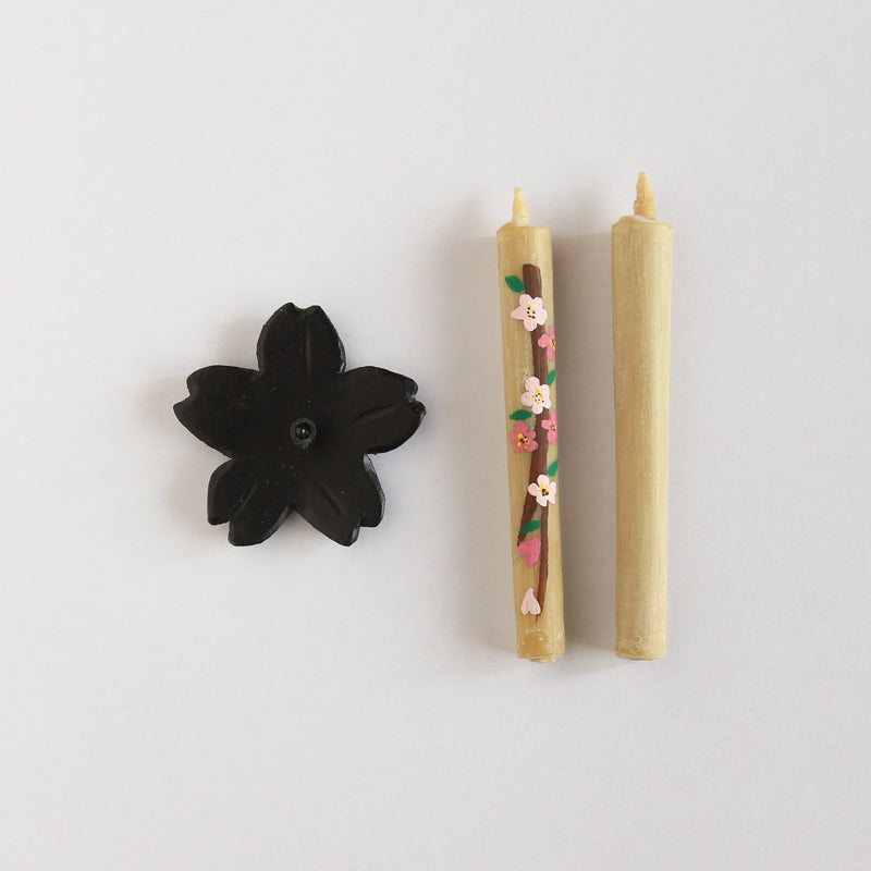 Velas e suporte Warousoku pintados à mão (Sakura)