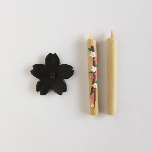 Warousoku Hand-painted candles & holder (Sakura)
