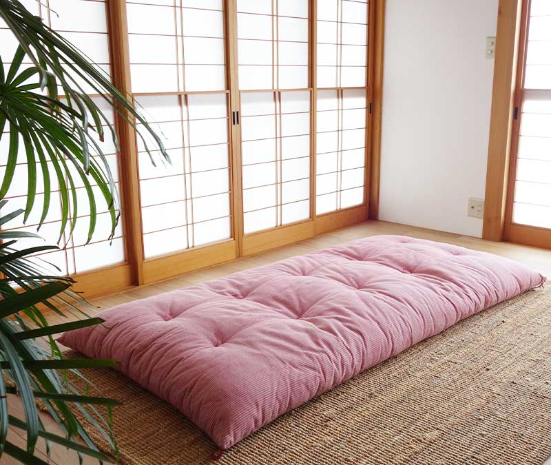 Japanese Futon Mattress, Artisan Handmade (Fabric: Herbal Dyed Cotton Filling: Organic Cotton 100%) Madder Stripe