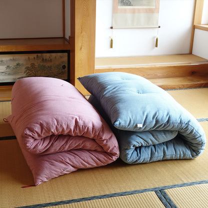 Japanese Futon Mattress, Artisan Handmade (Fabric: Herbal Dyed Cotton Filling: Organic Cotton 100%) Indigo Stripe