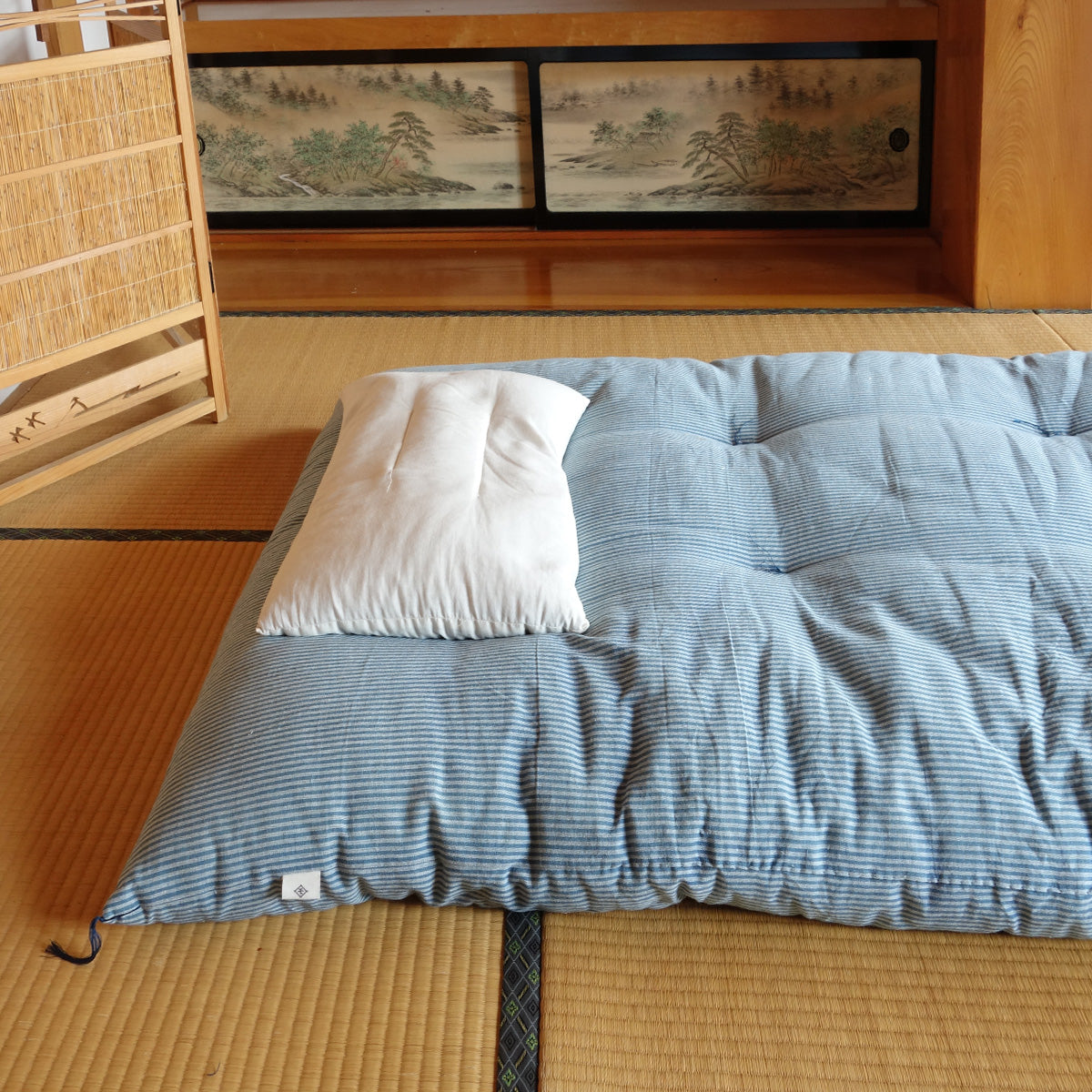Japanese Futon Mattress, Artisan Handmade (Fabric: Herbal Dyed Cotton Filling: Organic Cotton 100%) Indigo Stripe