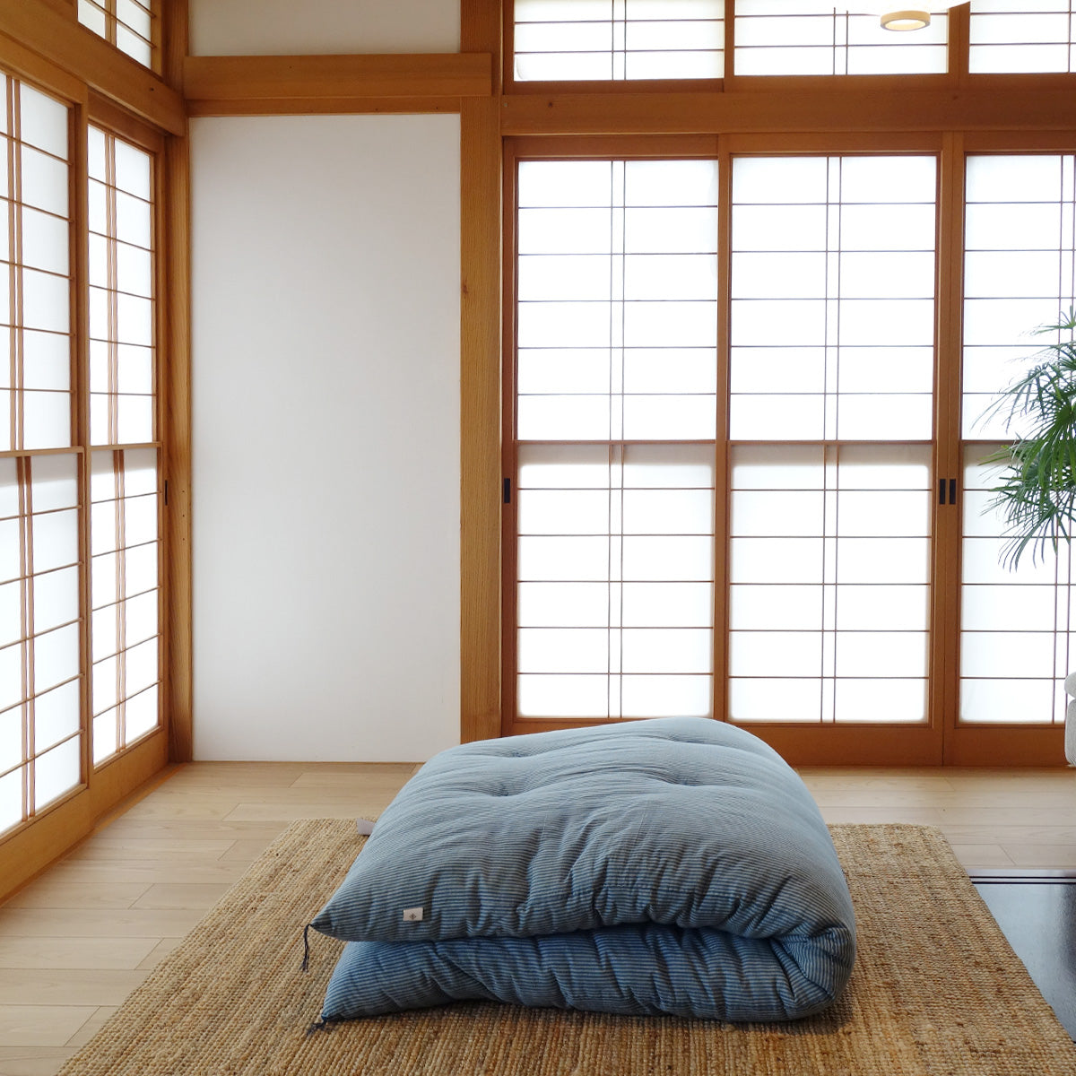 Japanese Futon Mattress, Artisan Handmade (Fabric: Herbal Dyed Cotton Filling: Organic Cotton 100%) Indigo Stripe