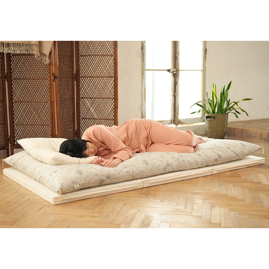 Japanese Futon Mattress, Artisan Handmade (Fabric: Japandi Kikumon Chrysanthemum Gray)
