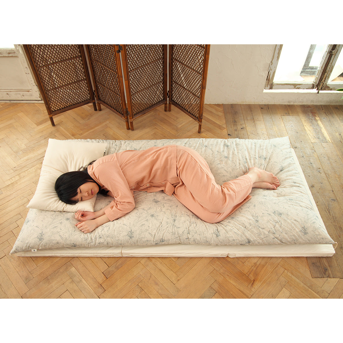 Japanese Futon Mattress, Artisan Handmade (Fabric: Japandi Kikumon Chrysanthemum Gray)