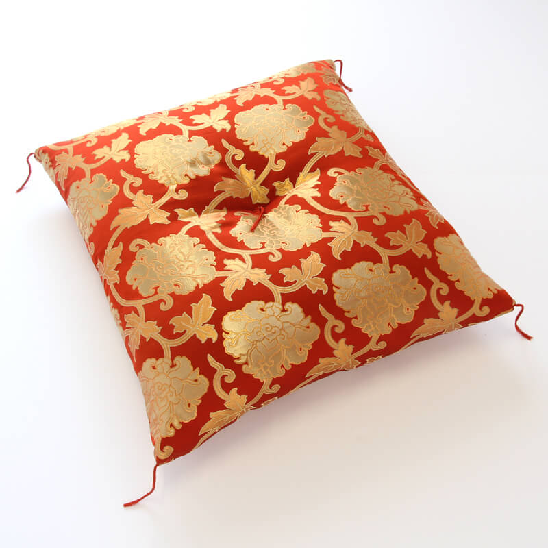 Japanese Cushion (Zabuton) Shoken-Kinran Karakusa Botan Red 28.3 x 26.3"