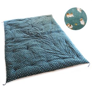 Japanese Futon Quilt, Artisan Handmade (Fabric: Suzuneko pattern Blue Green  Filling: Natural Cotton 100%)